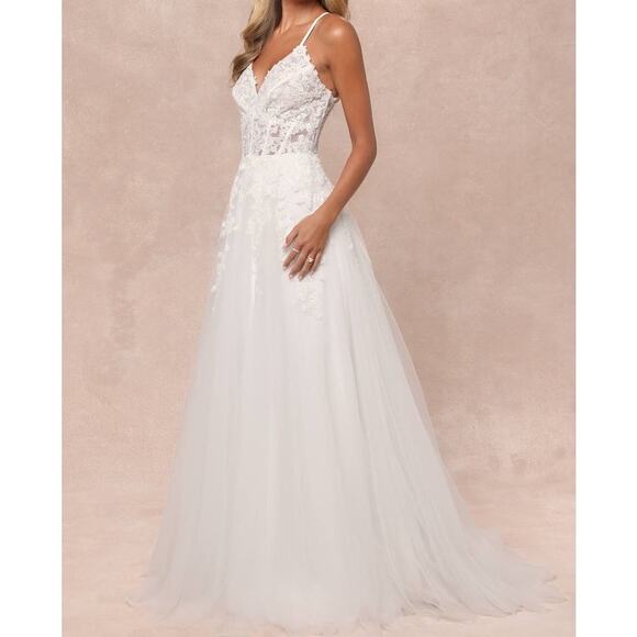 Lulus Bridal NWT Glorious Luxury White Sheer Tulle Embroidered Beaded Maxi Gown - Picture 5 of 10